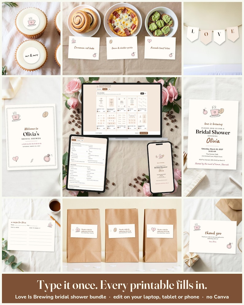 Love Is Brewing Bridal Shower Host Kit: edit on a laptop, tablet or phone, every printable fills in