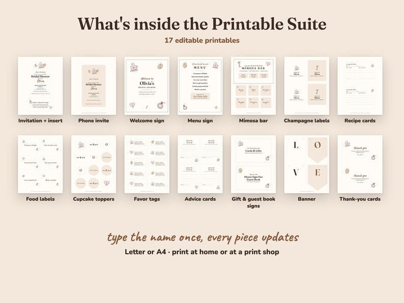 Everything included in the Love Is Brewing bridal shower Printable Suite