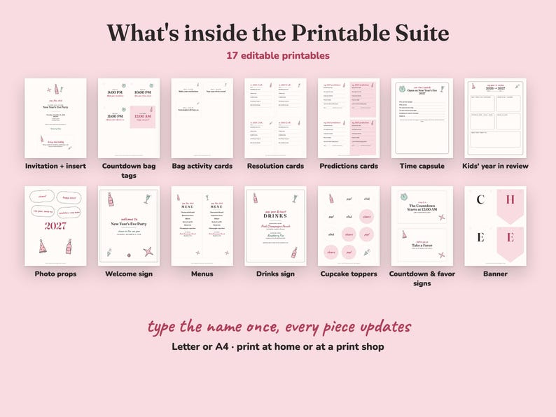 Everything included in the Pop The Bubbly new year s eve party Printable Suite