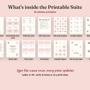 Everything included in the Bows And Boughs christmas party Printable Suite