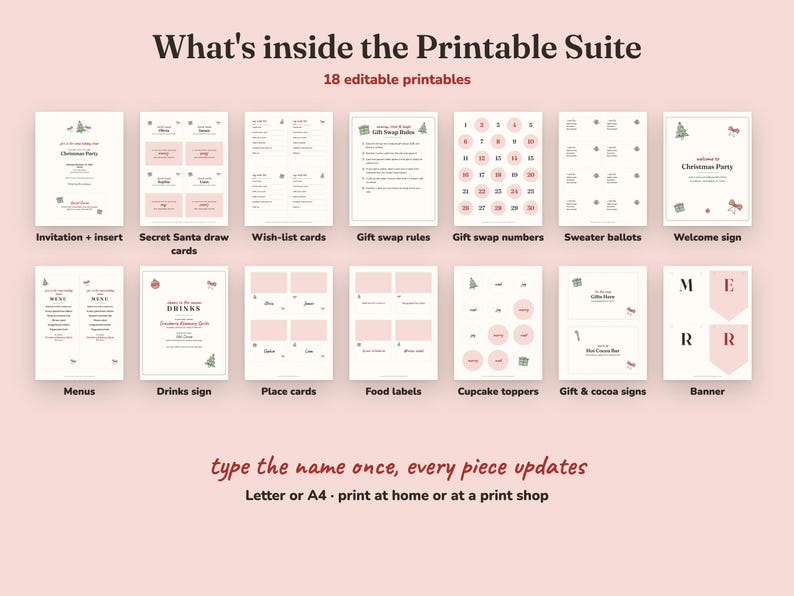 Everything included in the Bows And Boughs christmas party Printable Suite