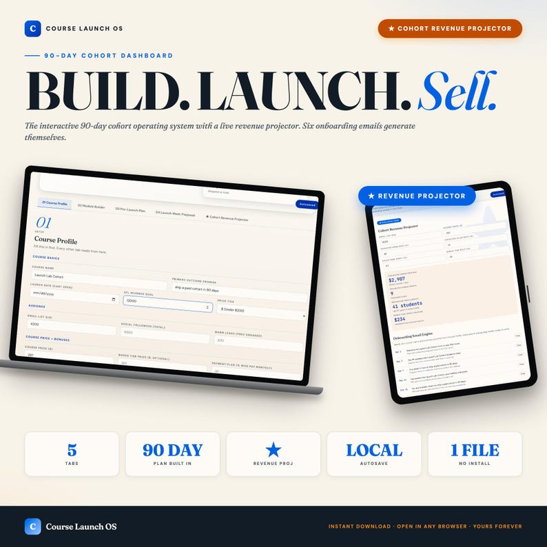 May include: A digital product advertisement for a 90-day cohort dashboard. The design features a laptop and tablet displaying the dashboard interface, with the text "BUILD.LAUNCH.Sell." and key features like "Revenue Projector" and "Local Autosave."