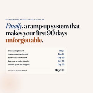 May include: A graphic with text that reads "Finally, a ramp-up system that makes your first 90 days unforgettable." Below, a list of milestones: Onboarding kickoff, Stakeholder map locked, First quick win shipped, Learning agenda midpoint, Second quick win shipped, and 30/60/90 review ready.