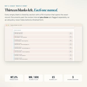 End of life planner list of every missing blank, each with a fill in button, plus overdue reviews