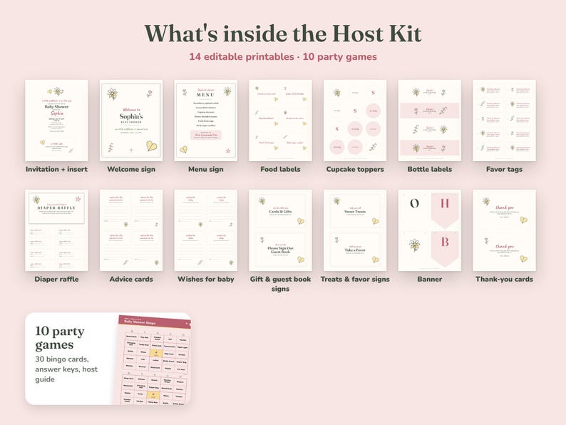 Everything included in the Wildflower baby shower Host Kit
