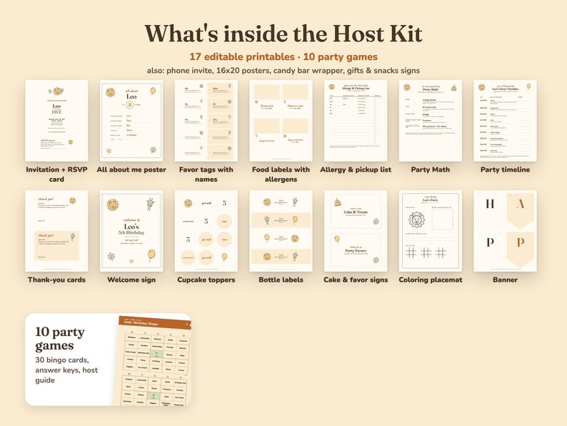Everything included in the Party Animals kids birthday party Host Kit