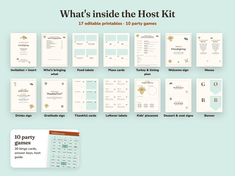 Everything included in the Gobble Gobble friendsgiving Host Kit