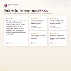 May include: A webpage with customer testimonials. The title reads "Built for the moment you need it most." The page features quotes from buyers, with star ratings and names. The color scheme is white, purple, and beige.