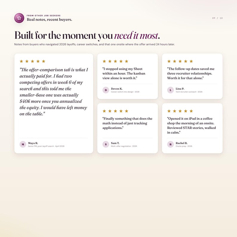 May include: A webpage with customer testimonials. The title reads "Built for the moment you need it most." The page features quotes from buyers, with star ratings and names. The color scheme is white, purple, and beige.