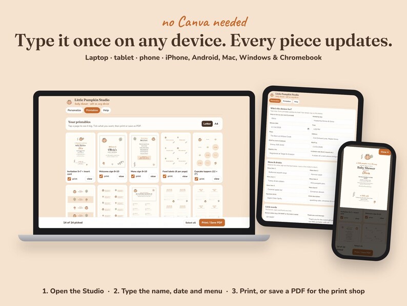 Editing the Little Pumpkin baby shower printables on a phone, tablet or laptop