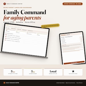 May include: A digital dashboard titled "Family Command for aging parents" with the text "Browser HTML. Autosave. Works Offline." The dashboard displays information on a laptop and a tablet, with tabs and sections for medication, legal, and sibling coordination.