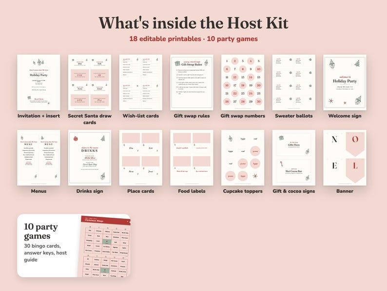 Everything included in the Gnome For The Holidays christmas party Host Kit