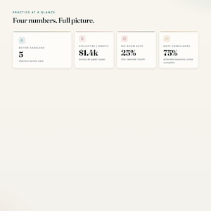 Private practice stat cards: caseload, revenue, no-show rate, compliance