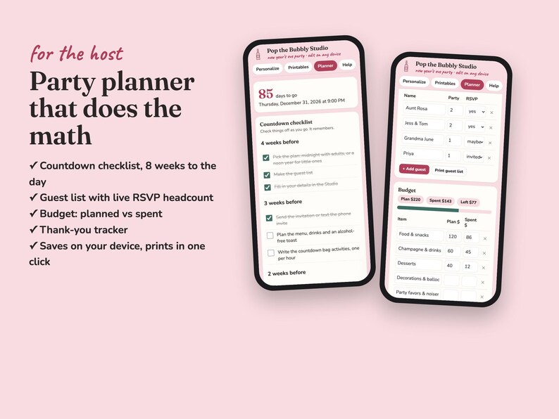 Pop The Bubbly new year s eve party planner with checklist, RSVPs, budget and gift log