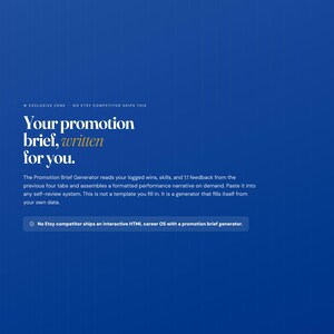 May include: A blue graphic with white text that reads "Your promotion brief, written for you." The text describes a promotion brief generator that reads logged data and assembles a performance narrative. The graphic also states that no Etsy competitor ships this.