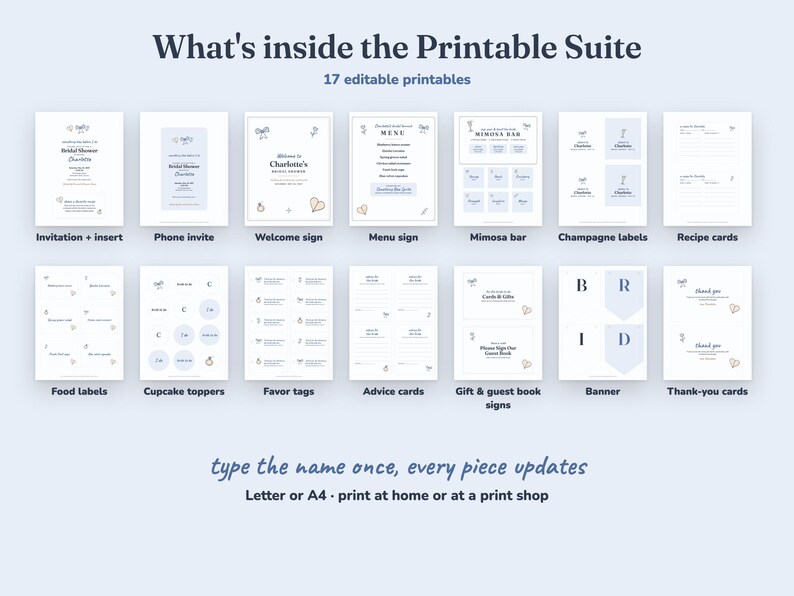 Everything included in the Something Blue bridal shower Printable Suite