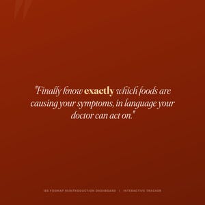 May include: A dark red digital graphic featuring the white text: "Finally know exactly which foods are causing your symptoms, in language your doctor can act on." At the bottom, smaller white text reads: "IBS FODMAP REINTRODUCTION DASHBOARD | INTERACTIVE TRACKER."