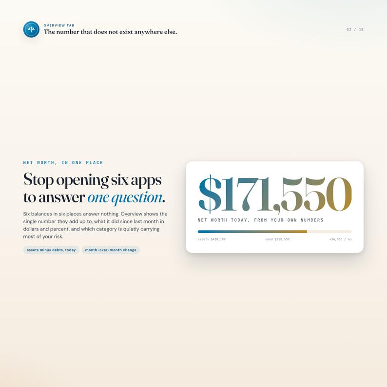 Peut inclure: Une interface num&eacute;rique affichant le texte "Stop opening six apps to answer one question" et un montant de valeur nette de "$171,550". Le design inclut une barre de progression, des &eacute;tiquettes financi&egrave;res et la phrase "The number that does not exist anywhere else."