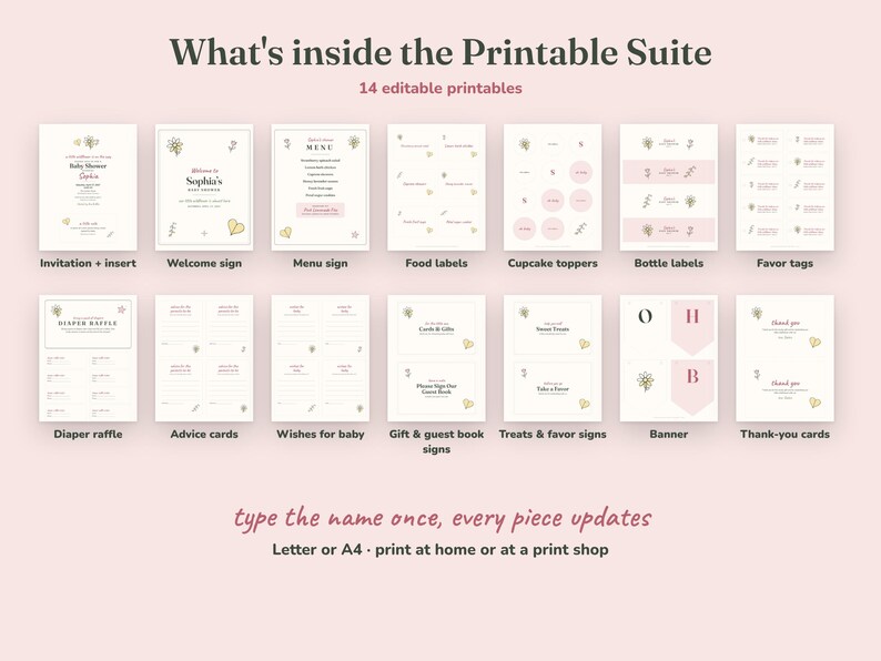 Everything included in the Wildflower baby shower Printable Suite