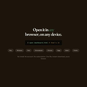 May include: A dark brown digital interface graphic with white text reading Open it in any browser, on any device. A command line box displays $ open dashboard.html # that's it. Below are buttons for Mac, Windows, iPad, Chromebook, Chrome, Edge, Safari, Firefox.