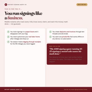 May include: A digital interface for Notary Signing Agent OS featuring a light pink background with dark text. It outlines business management features for mobile notaries, including tracking signings, mileage, deposits, and invoices in one private file.