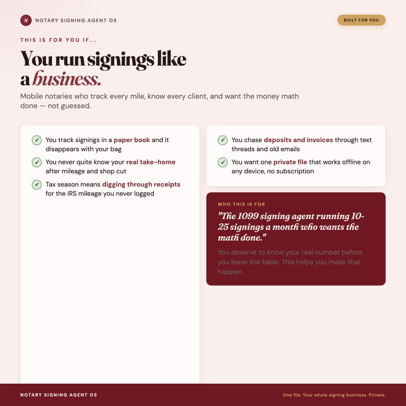 May include: A digital interface for Notary Signing Agent OS featuring a light pink background with dark text. It outlines business management features for mobile notaries, including tracking signings, mileage, deposits, and invoices in one private file.