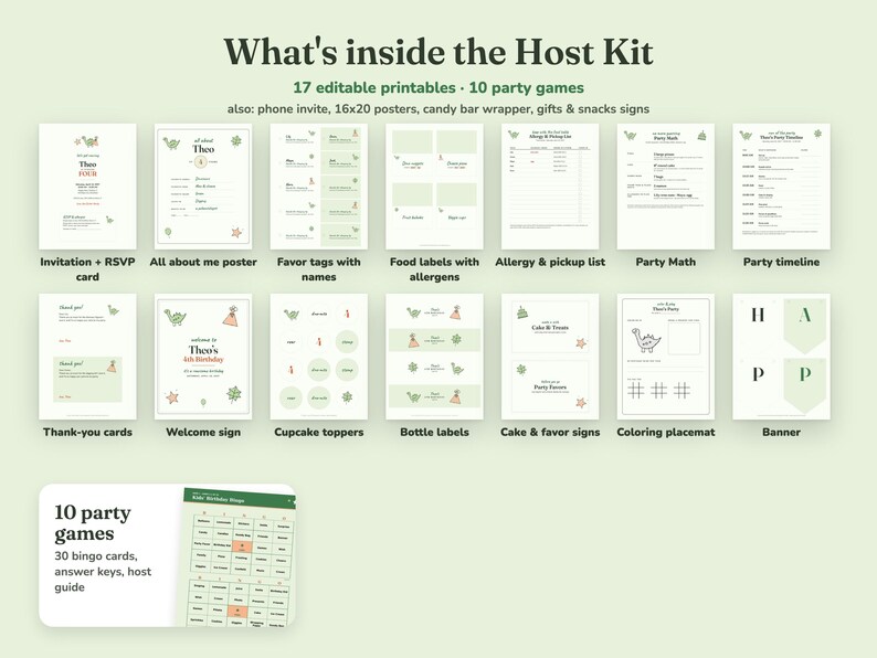 Everything included in the Roarsome Dino kids birthday party Host Kit