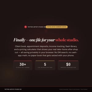 Tattoo Artist Studio OS, Client Book, Appointment , Deposit Tracker, Flash Library + Pricing & Take-Home Calculator, One File image 2
