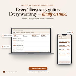 Home maintenance tracker on laptop and phone: 69% of tasks on track, 3 overdue, appliance lifespans