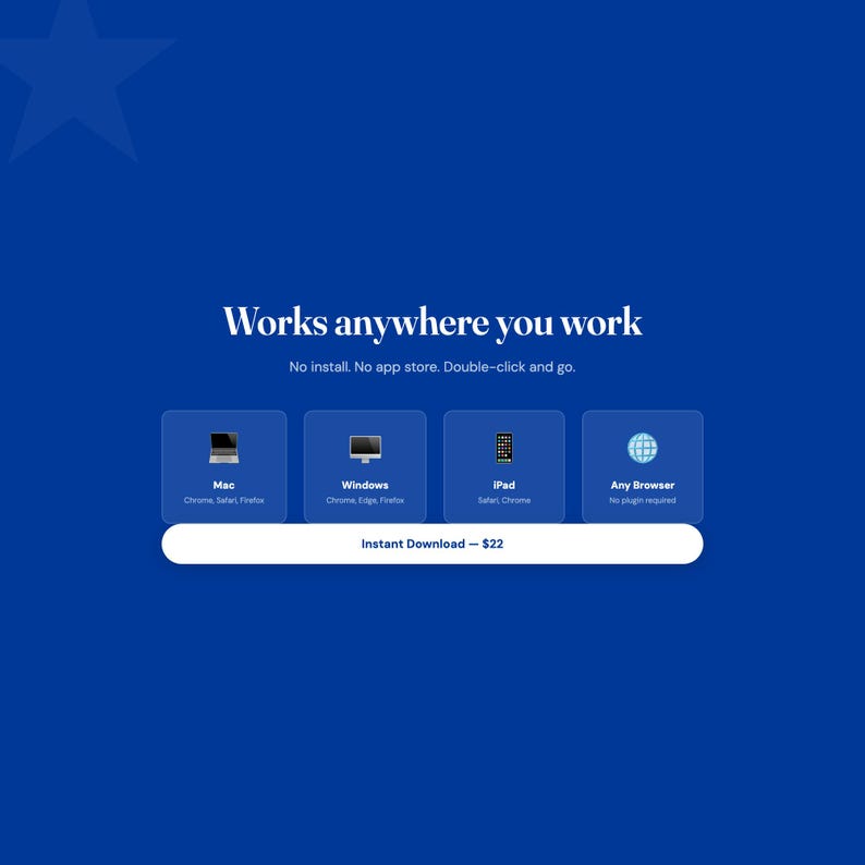 May include: A blue digital graphic with the text Works anywhere you work. No install. No app store. Double-click and go. It displays icons for Mac, Windows, iPad, and Any Browser with a white button labeled Instant Download. The background is blue.