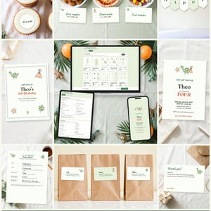 May include: A digital printable dinosaur-themed birthday party bundle featuring editable templates for invitations, food labels, thank you cards, and party signage. The set includes various paper goods with green dinosaur illustrations and text.