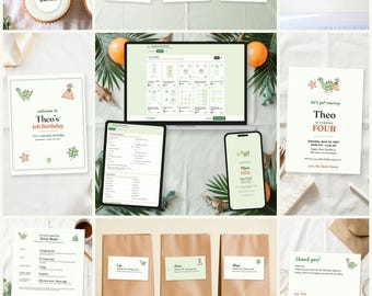 Puede incluir: Un conjunto digital imprimible para cumpleaños con temática de dinosaurios que incluye plantillas editables para invitaciones, etiquetas de comida, tarjetas de agradecimiento y carteles. Incluye varios artículos de papel con ilustraciones.