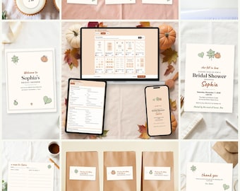 May include: A digital bridal shower stationery bundle featuring editable templates for invitations, recipe cards, thank you notes, and food labels, displayed on a laptop, tablet, and smartphone with fall-themed leaf and pumpkin illustrations.