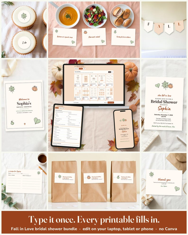 Fall In Love Bridal Shower Printable Suite: edit on a laptop, tablet or phone, every printable fills in