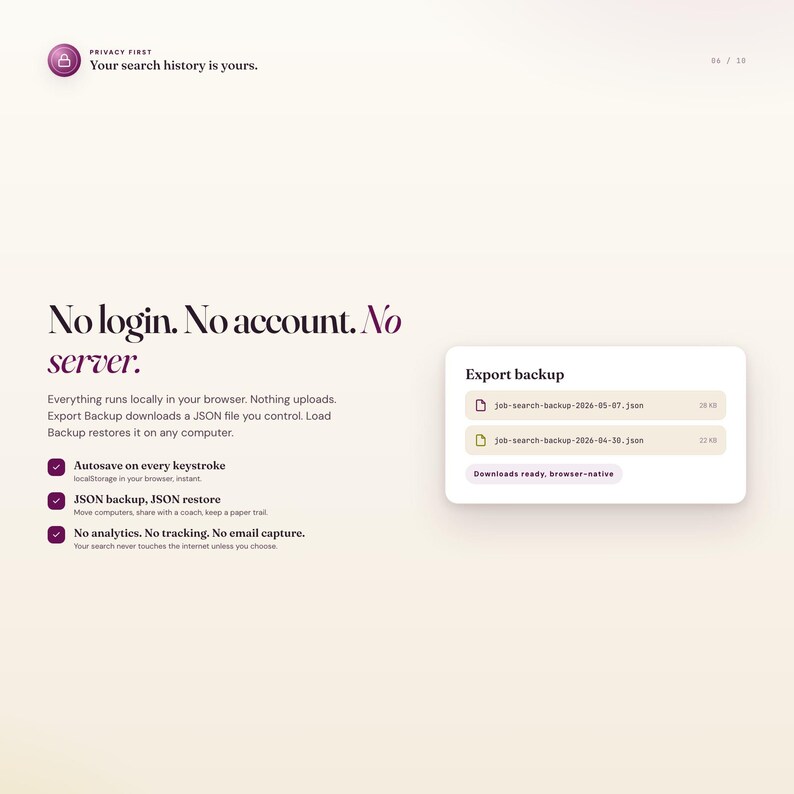 May include: A webpage layout with a light purple background. The text reads "PRIVACY FIRST" and "Your search history is yours." The page highlights features like autosave, JSON backup, and no tracking. An "Export backup" section displays JSON file names.
