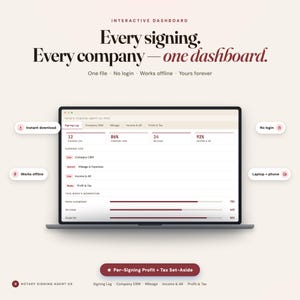 May include: An interactive dashboard for notary signing agents displayed on a laptop screen. The interface features tabs for signing logs, company CRM, mileage, income, and tax. Text includes 'Every signing. Every company&mdash;one dashboard.' and feature labels.