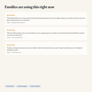 May include: A digital interface displaying the heading Families are using this right now, followed by three five-star customer reviews detailing moving experiences. At the bottom, three blue buttons read Instant Download, No Account Required, and Works in Any Browser.