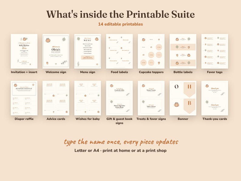 Everything included in the Little Pumpkin baby shower Printable Suite
