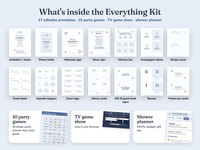 Everything included in the Something Blue bridal shower Everything Kit