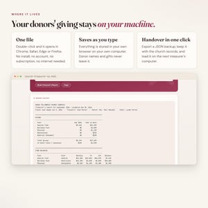 Church treasurer dashboard monthly treasurer report built offline, saved on your own computer
