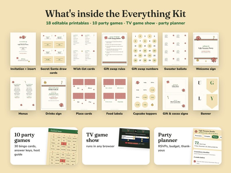 Everything included in the Ugly Sweater christmas party Everything Kit