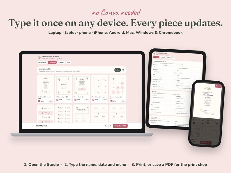 Editing the Wildflower baby shower printables on a phone, tablet or laptop