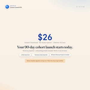 May include: A digital product advertisement with a blue and white color scheme. The text reads "$26" and "Your 90-day cohort launch starts today." Additional text includes "Instant Download" and "Lifetime Access."