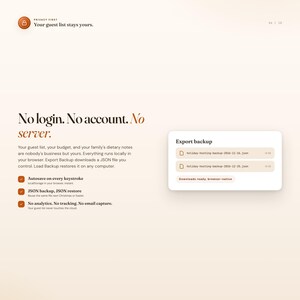 Thanksgiving host planner browser dashboard with export backup and no login required badge