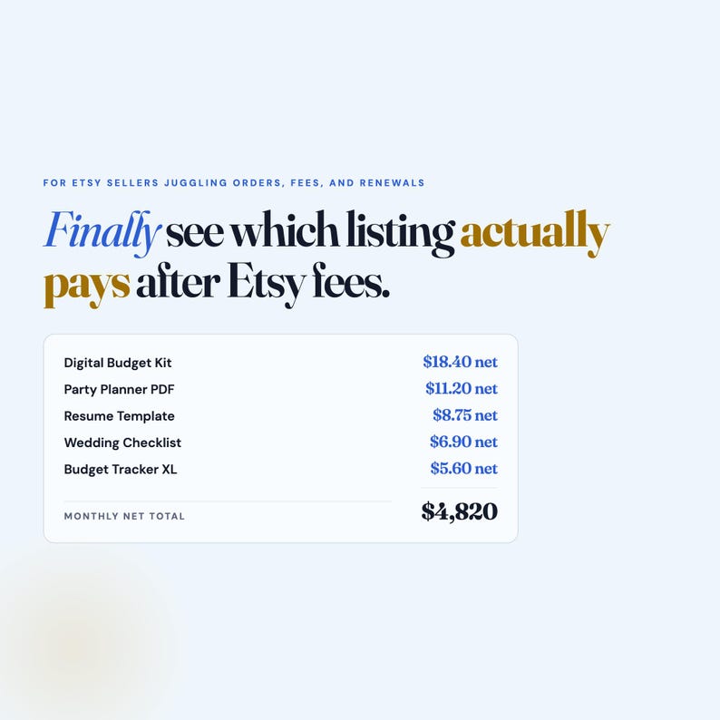 May include: A digital graphic displaying the text: For Etsy sellers juggling orders, fees, and renewals. Finally see which listing actually pays after Etsy fees. A table lists items like Digital Budget Kit and Party Planner PDF with net values.