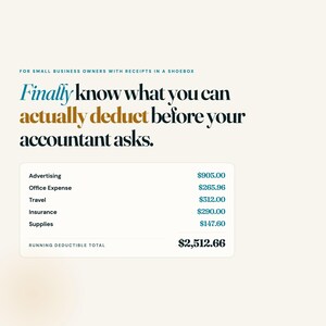 Small business expense tracker pull quote with Schedule C category deduction ledger