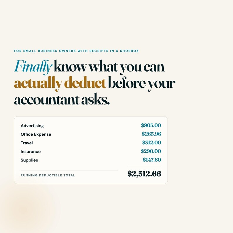 Small business expense tracker pull quote with Schedule C category deduction ledger