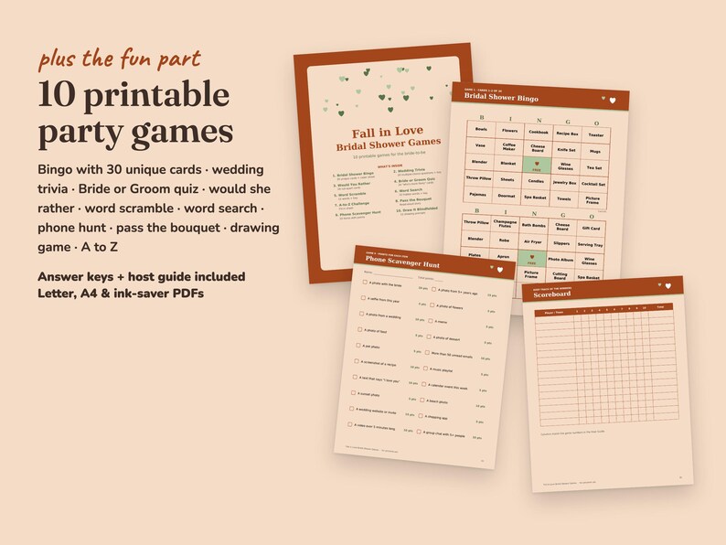 Fall In Love bridal shower party games with answer keys