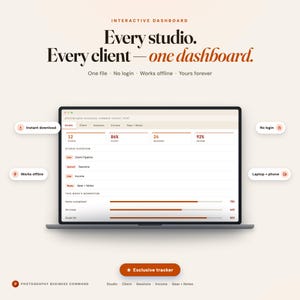 Commandocentrum voor fotografiebedrijven: interactief dashboard, sessietracker, AI-productiviteitstool, AI-bedrijfstools, tools voor freelancers