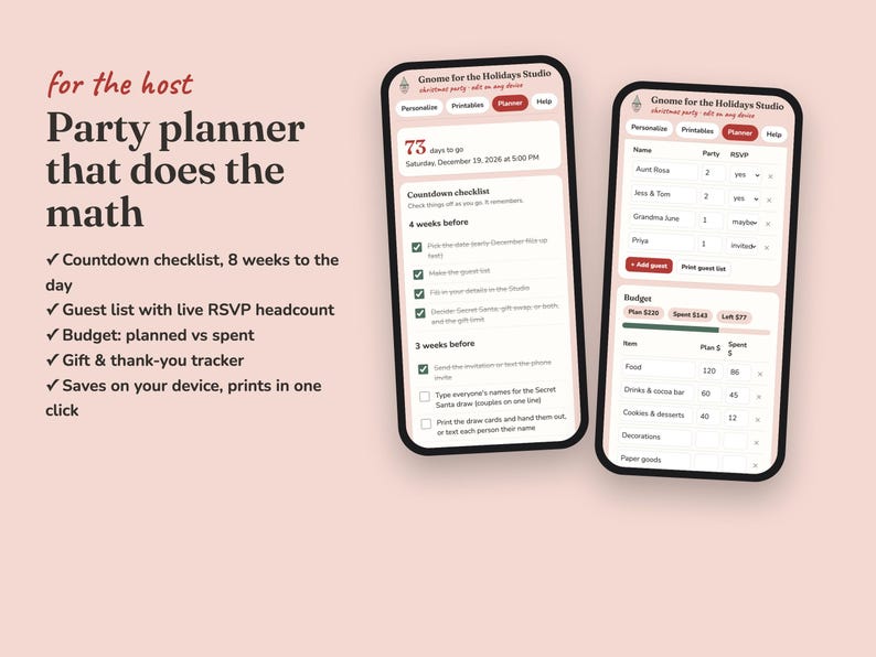 Gnome For The Holidays christmas party planner with checklist, RSVPs, budget and gift log